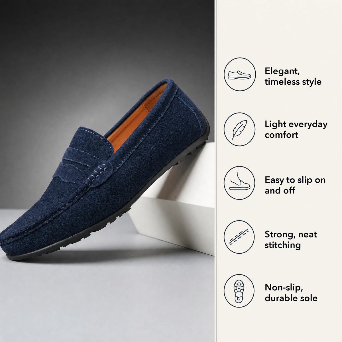 Men's suede driving loafers with grip sole, Light Gray, top view