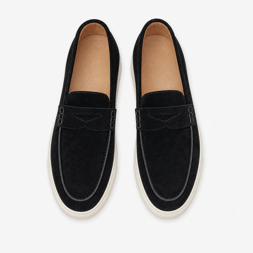 men's suede loafer with strap and white sole