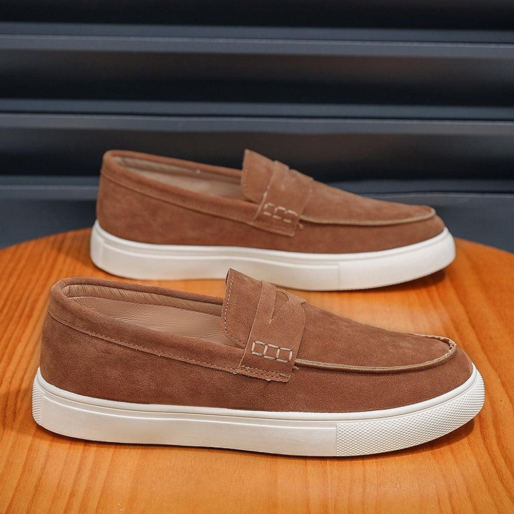 men's suede loafer with strap and white sole, view 10