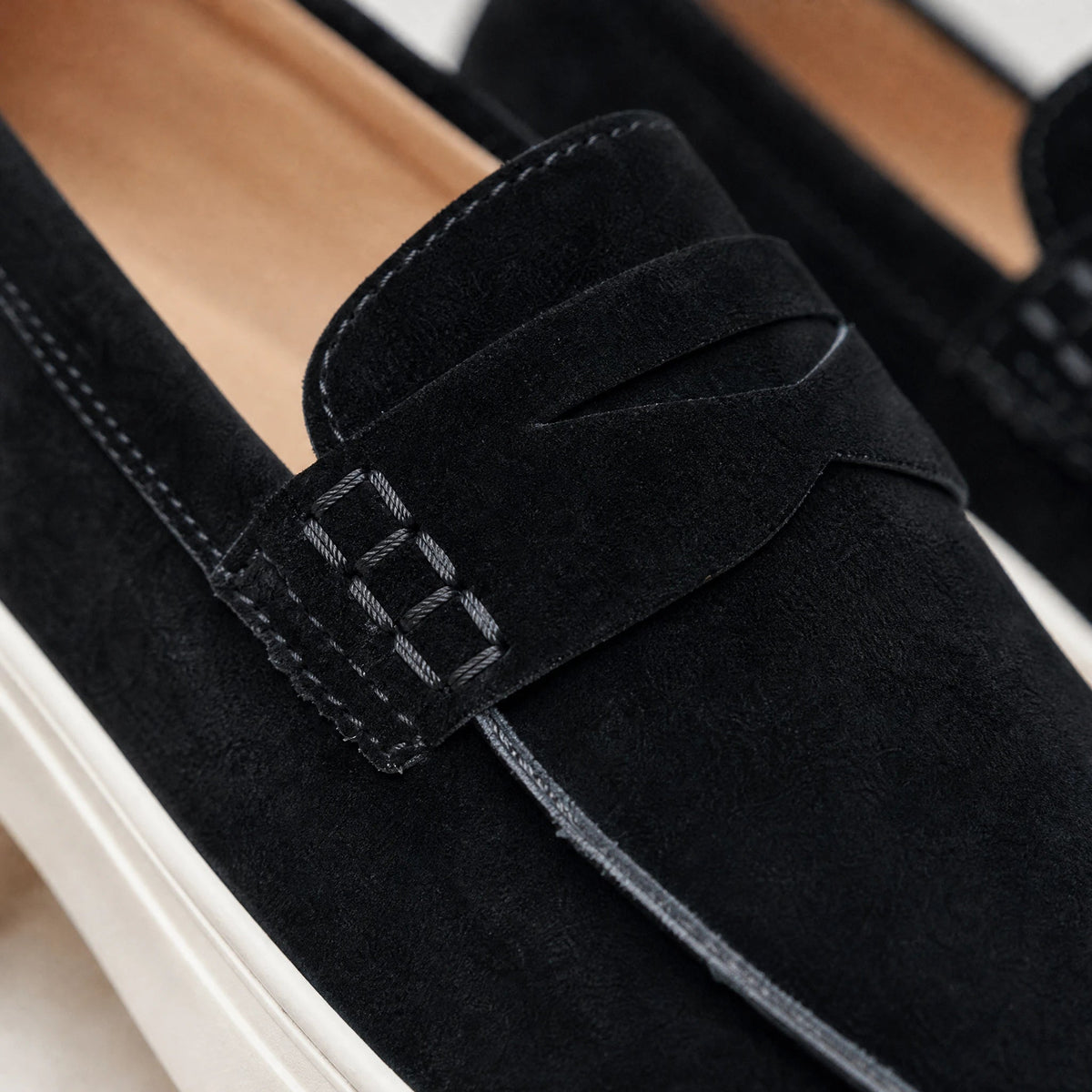 men's suede loafer with strap and white sole, view 2 Image