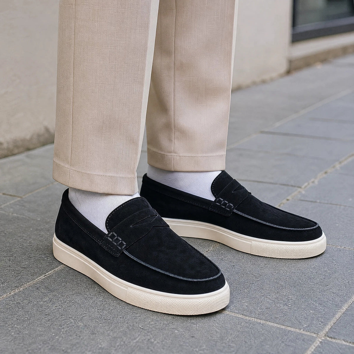 men's suede loafer with strap and white sole, view 3 Image