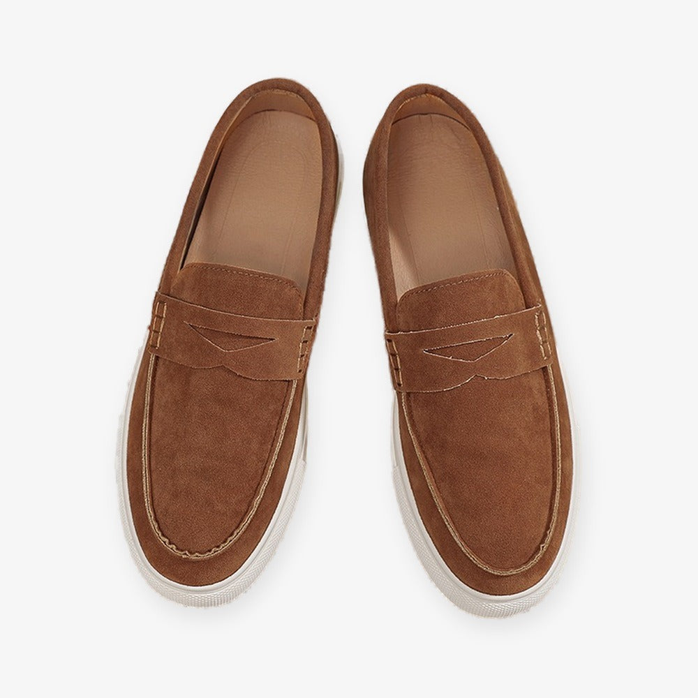 men's suede loafer with strap and white sole, view 6