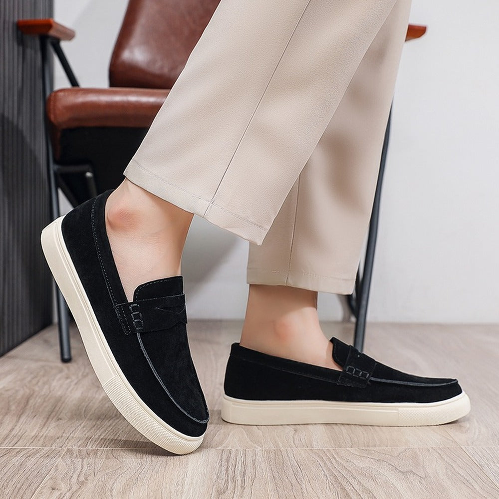 men's suede loafer with strap and white sole, view 7