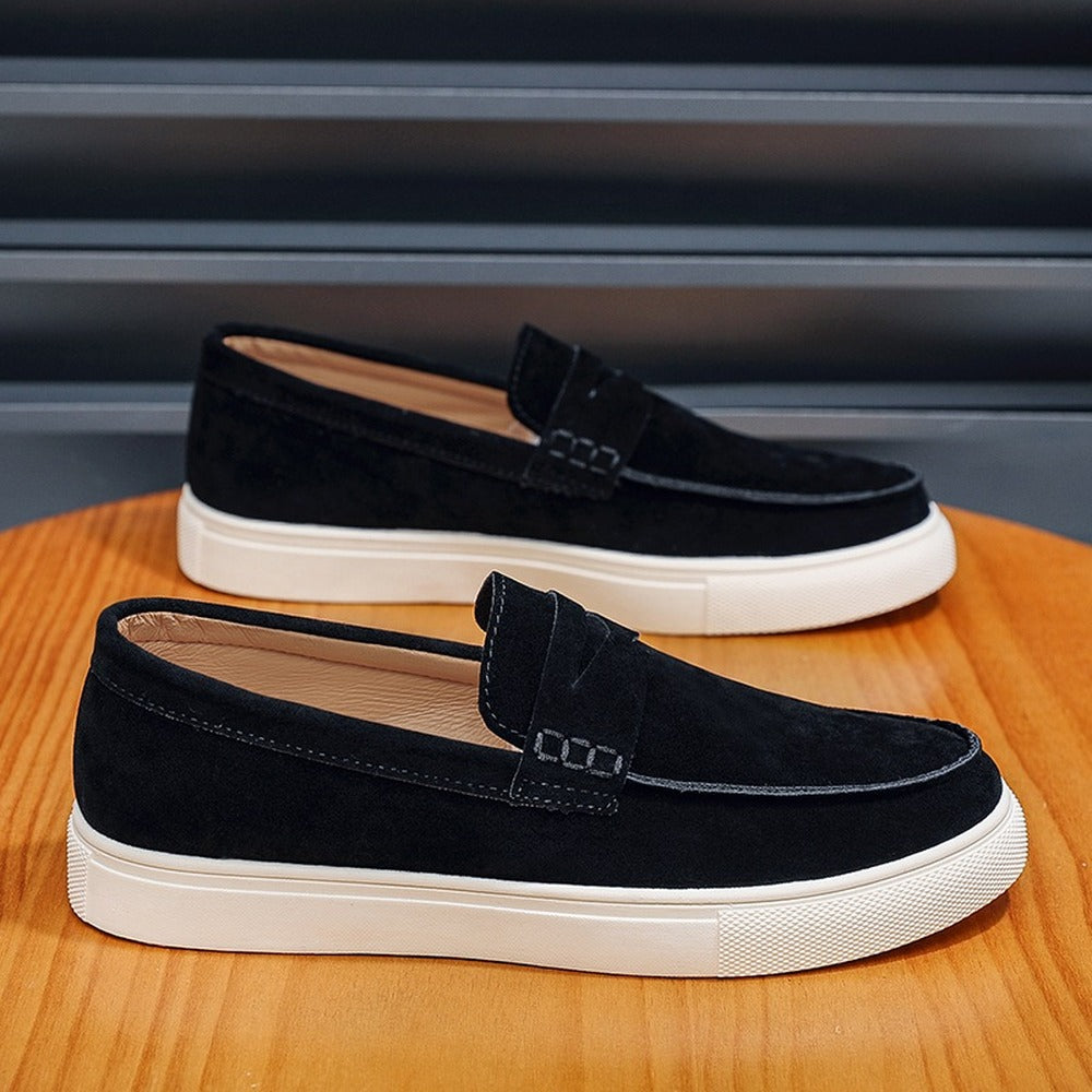 men's suede loafer with strap and white sole, view 8