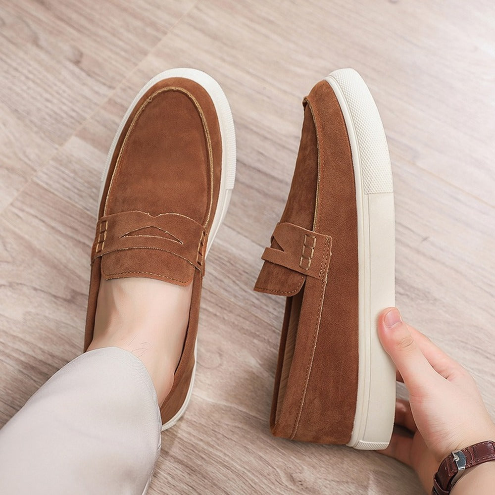 men's suede loafer with strap and white sole, view 9