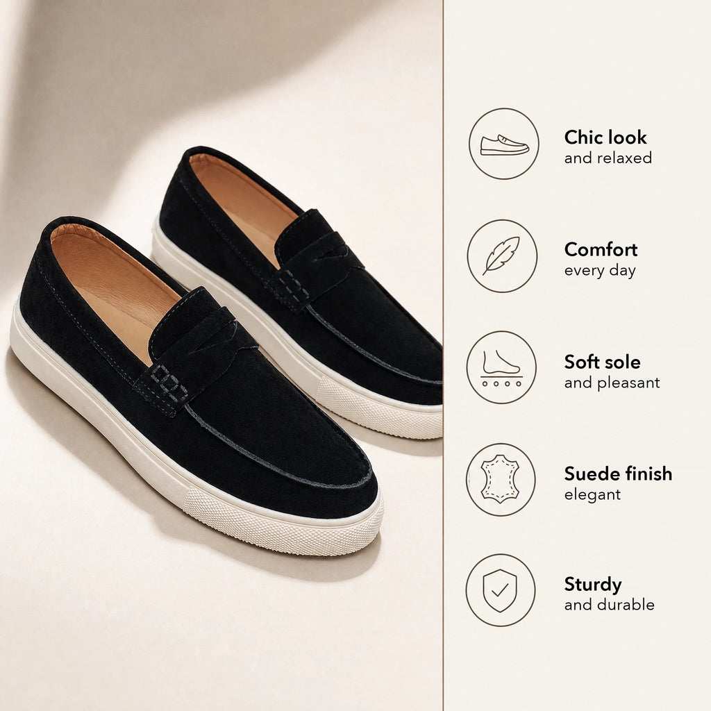 men's suede loafer with strap and white sole, view 4