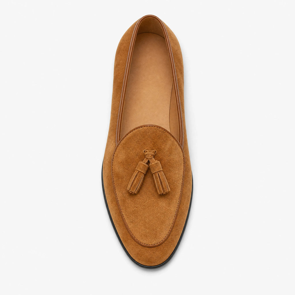 Men's suede tassel loafers with pointed toe, Camel, front view