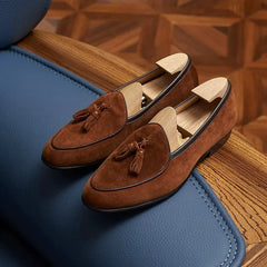 Men's Suede Tassel Loafers with Pointed Toe, Cognac