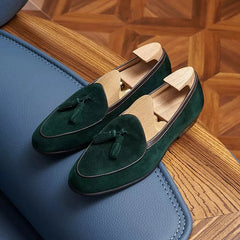 Men's Suede Tassel Loafers with Pointed Toe, Dark Green