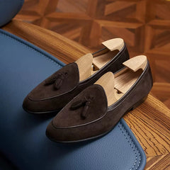 Men's Suede Tassel Loafers with Pointed Toe, Dark Brown