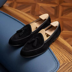 Men's Suede Tassel Loafers with Pointed Toe, Black