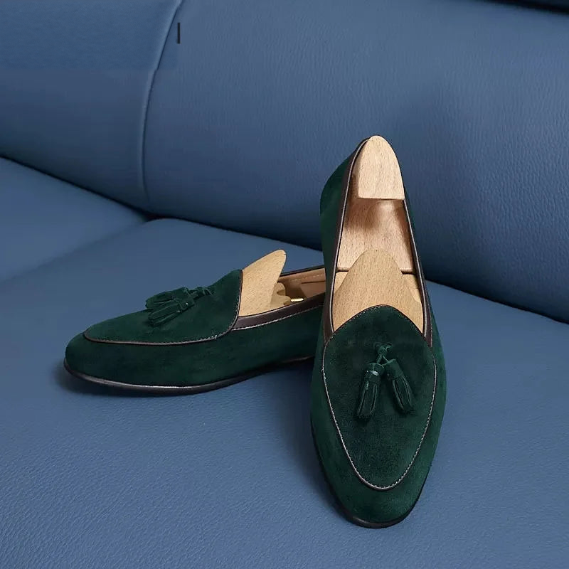 Men's suede tassel loafers with pointed toe, Cognac, side view