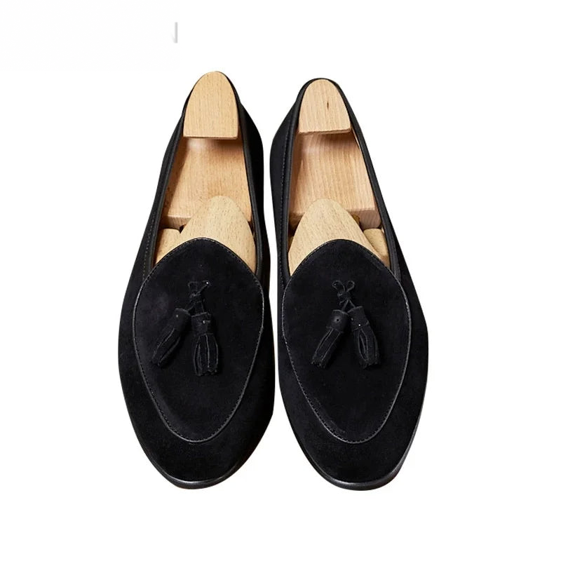 Men's suede tassel loafers with pointed toe, Dark Green, pair view