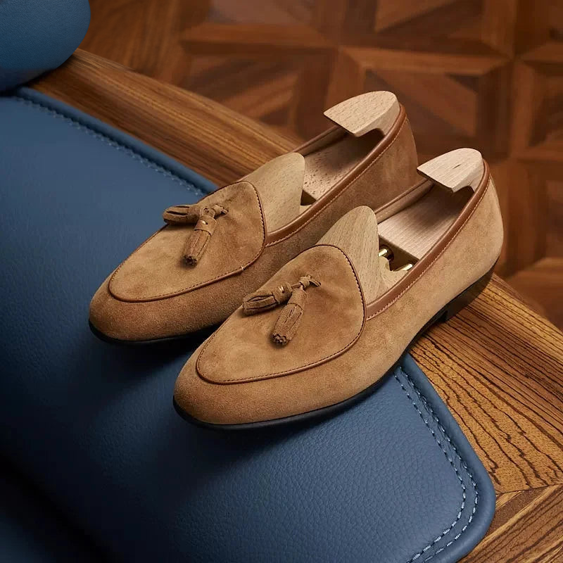 Men's suede tassel loafers with pointed toe, Dark Brown, top view