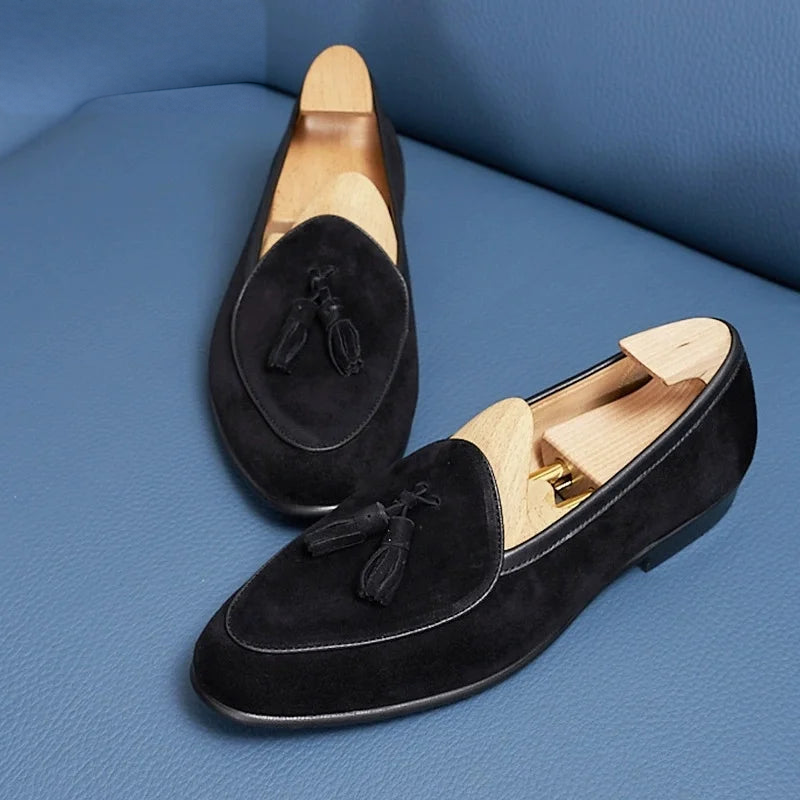 Men's suede tassel loafers with pointed toe, Cognac, worn look