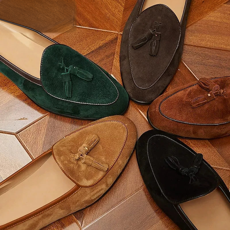 Men's suede tassel loafers with pointed toe, Dark Green, detail view