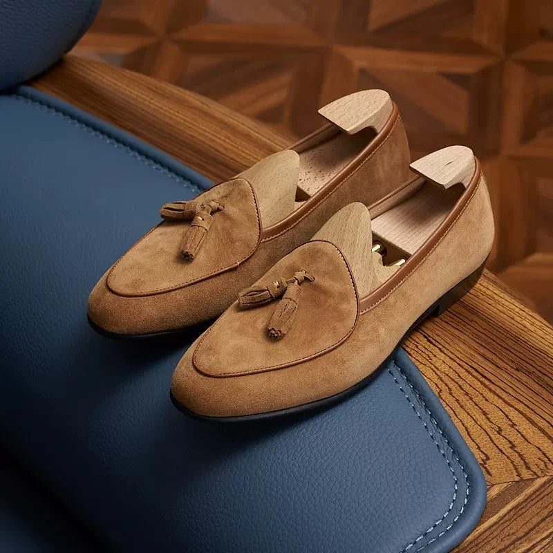 Men's suede tassel loafers with pointed toe, Dark Brown, close-up