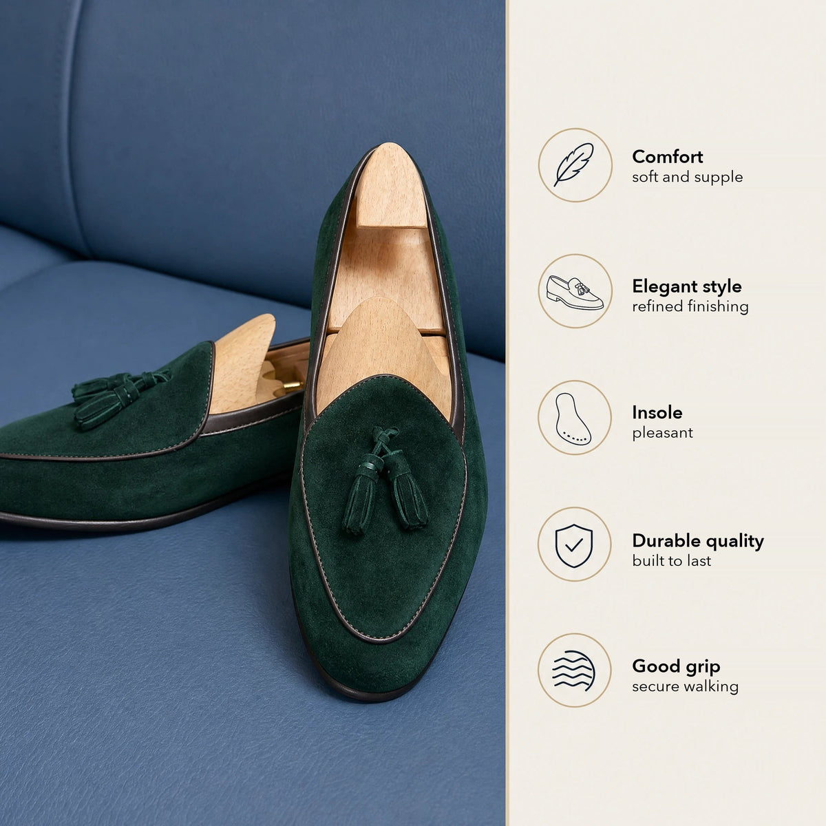 Men's suede tassel loafers with pointed toe, Black, heel view