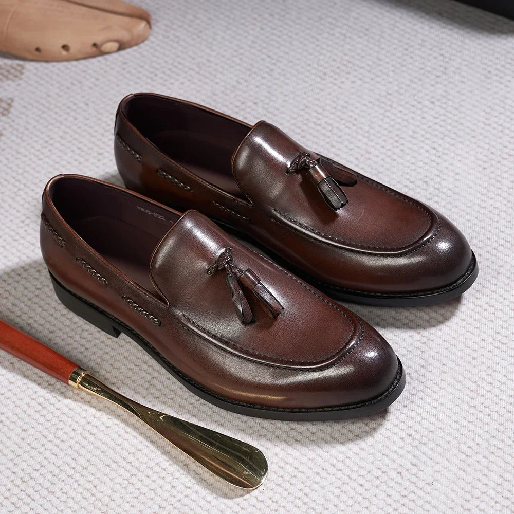 Men's tassel loafers with decorative tassels, Brown, sole view