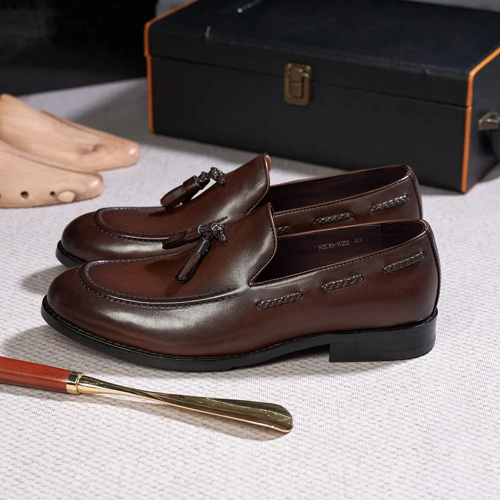 Men's tassel loafers with decorative tassels, Brown, detail view