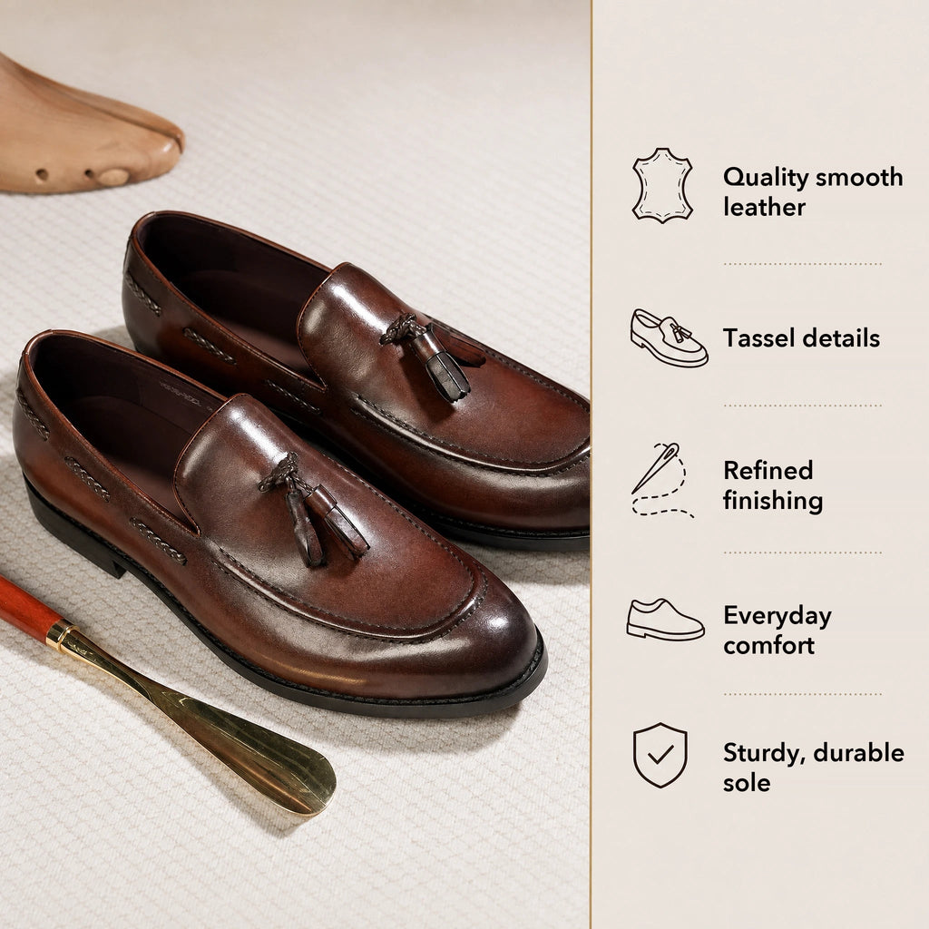 Men's tassel loafers with decorative tassels, Black, heel view