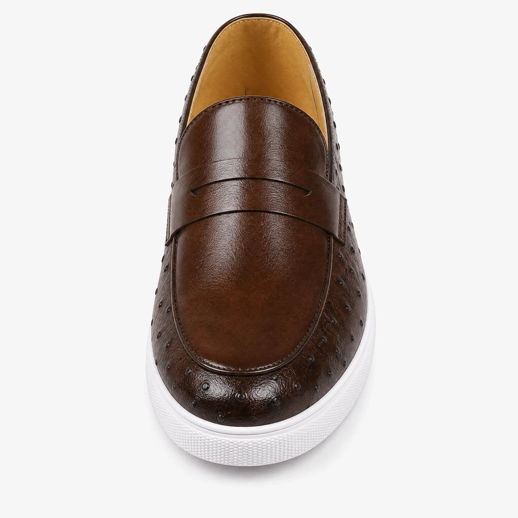 men's white sole loafer with ostrich pattern