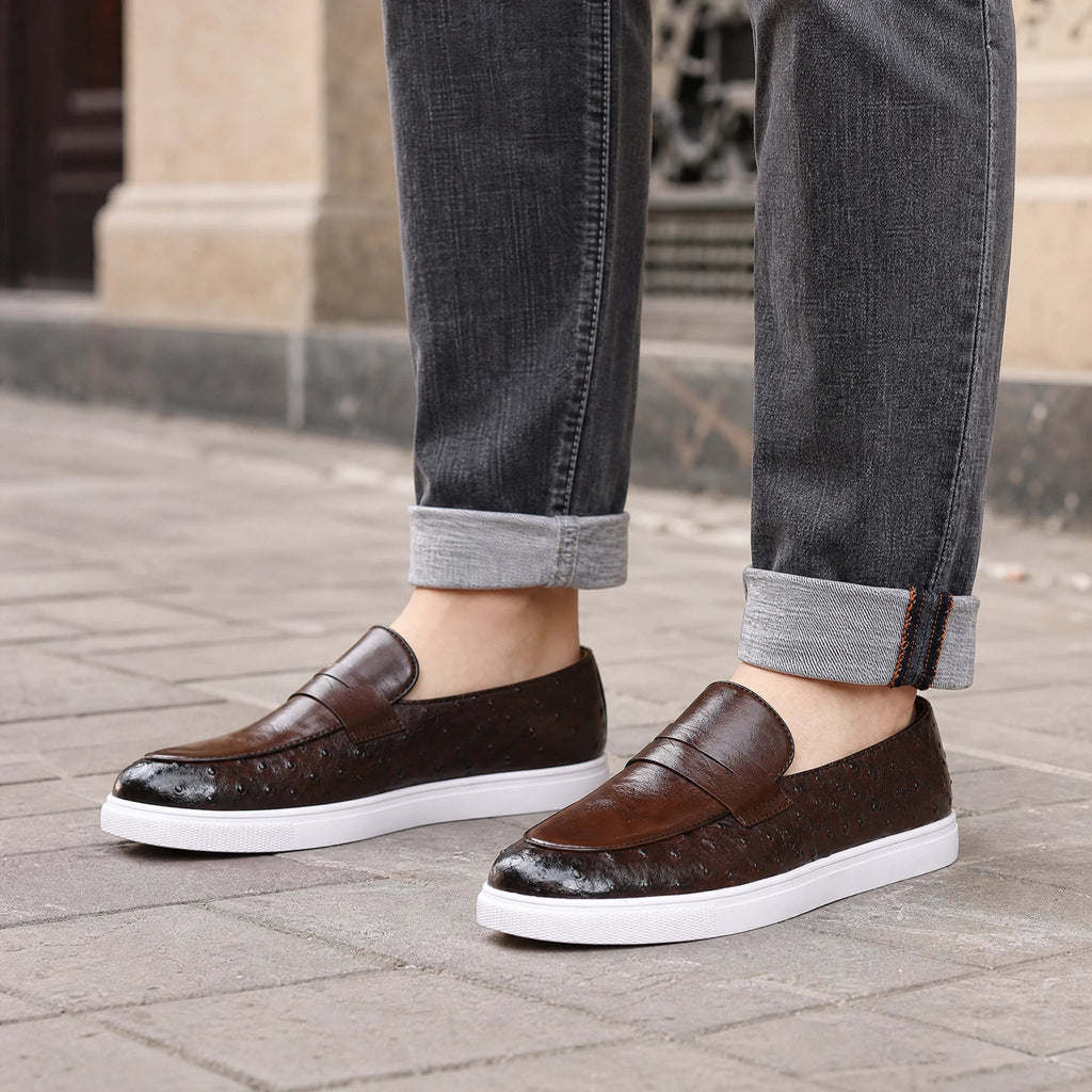 men's white sole loafer with ostrich pattern, view 3
