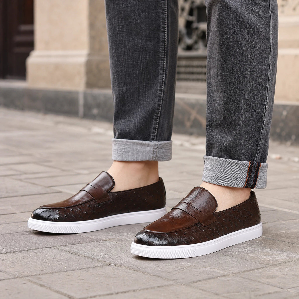 men's white sole loafer with ostrich pattern, view 3