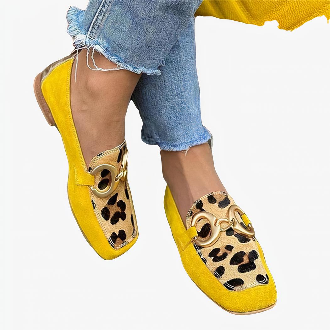 Yellow flat loafers with leopard print and gold buckle for women