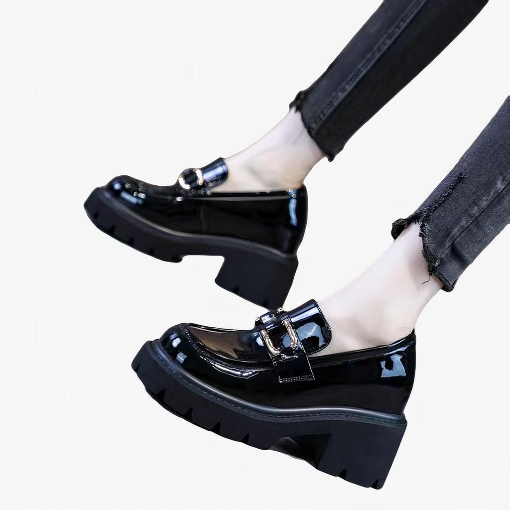 Patent loafers with heels and thick sole