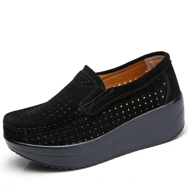 Open-weave platform loafers with wedge sole in Navy Blue, back view