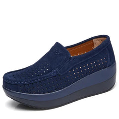 Open-Weave Platform Loafers with Wedge Sole, Navy Blue