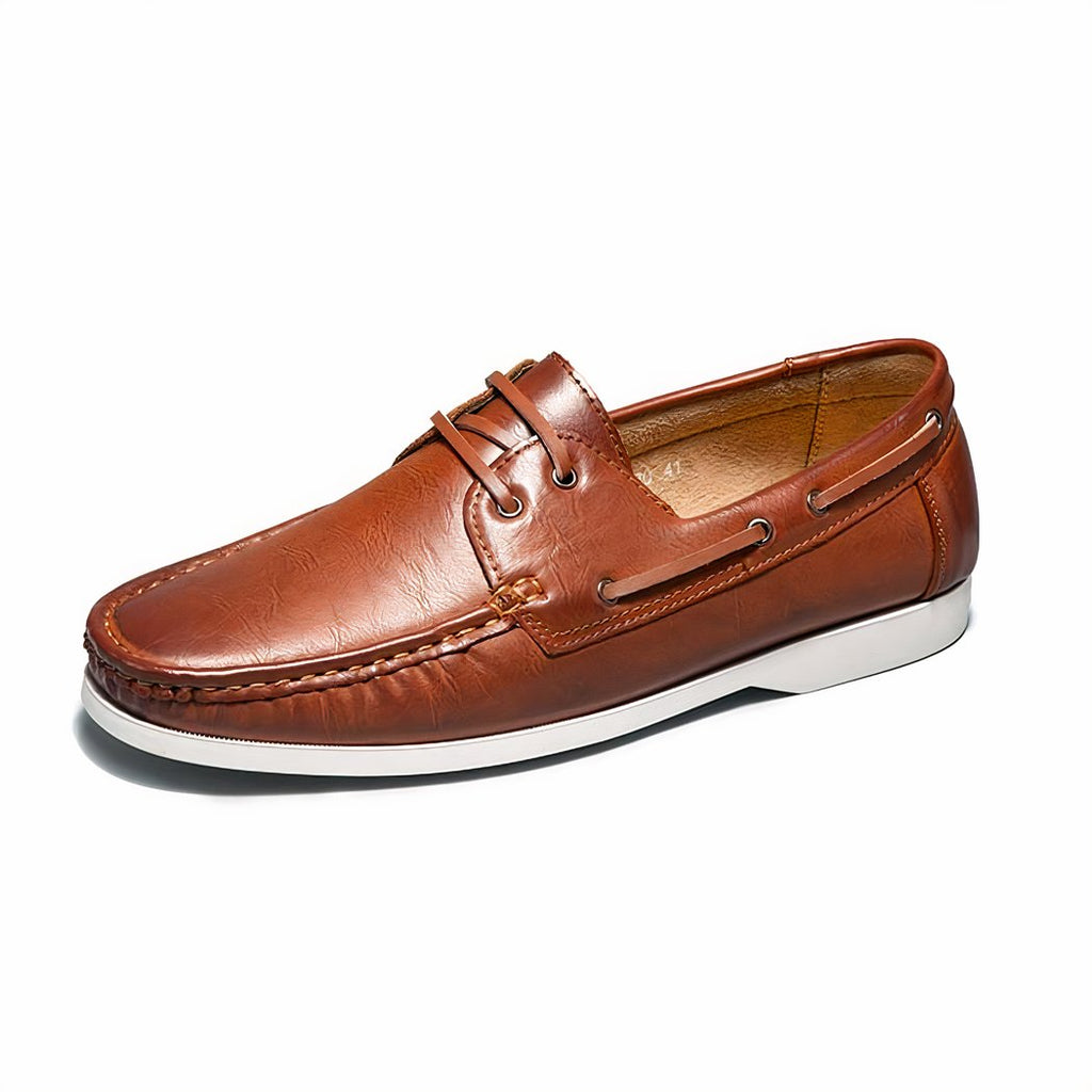Photo of a brown lace-up leather boat loafer