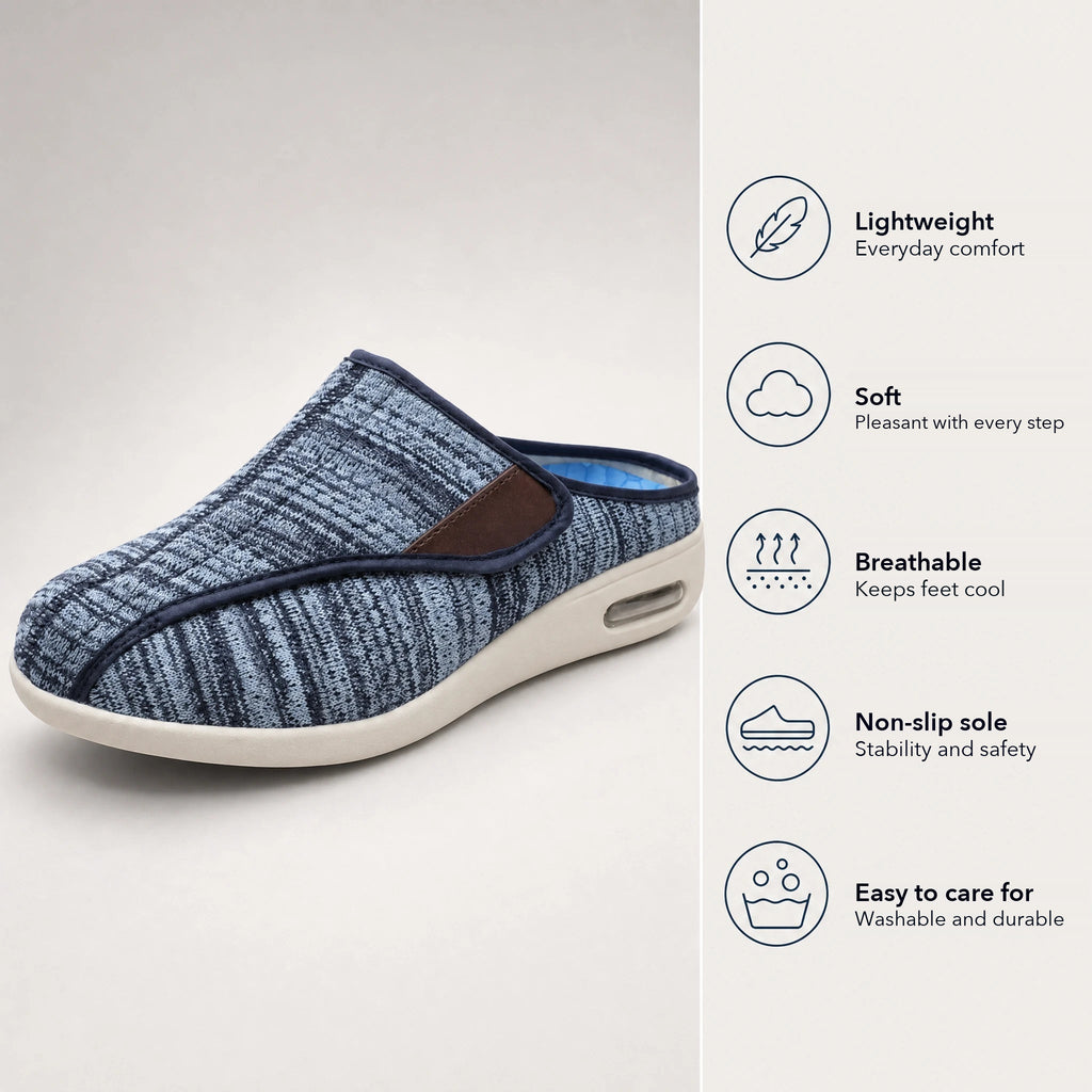 Blue heathered mesh mules