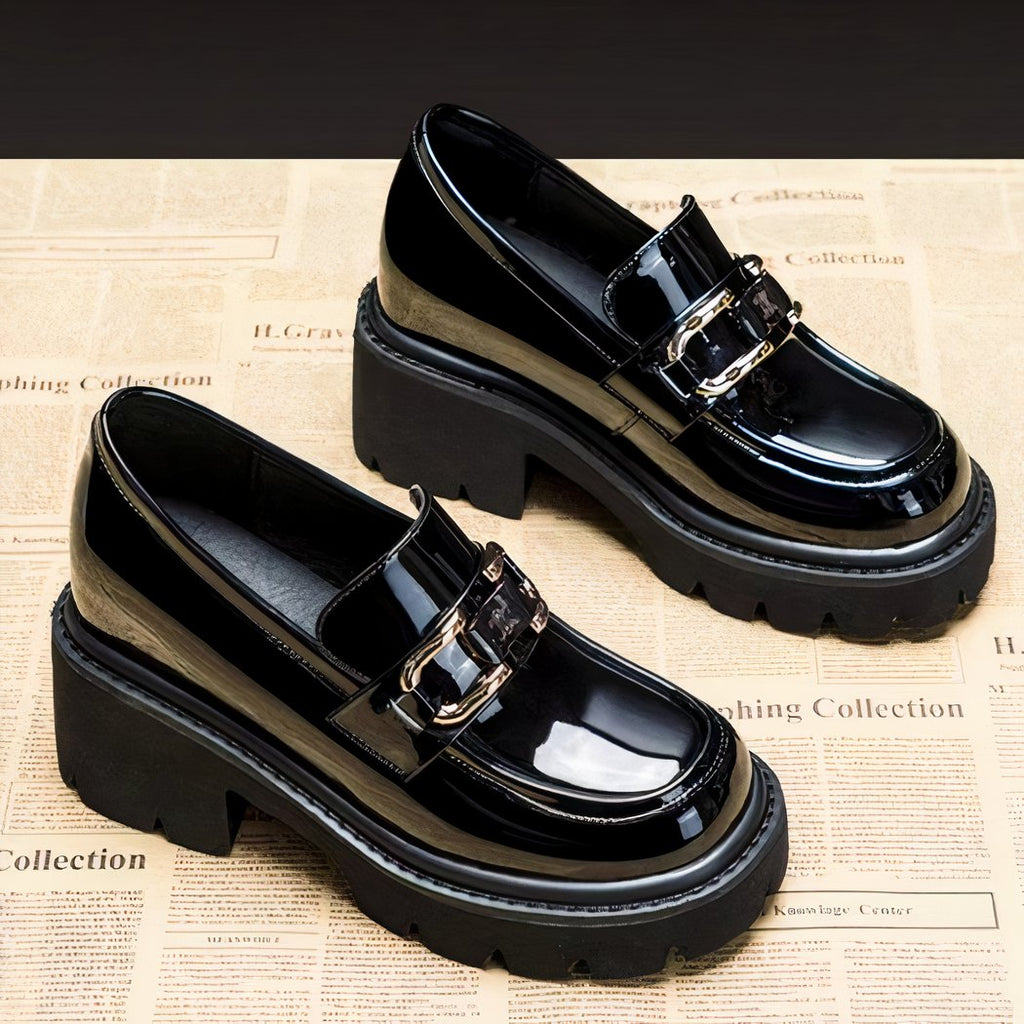 Patent loafers with heels and thick sole