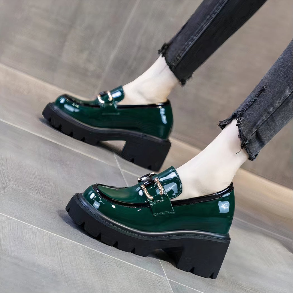 Patent loafers with heels and thick sole
