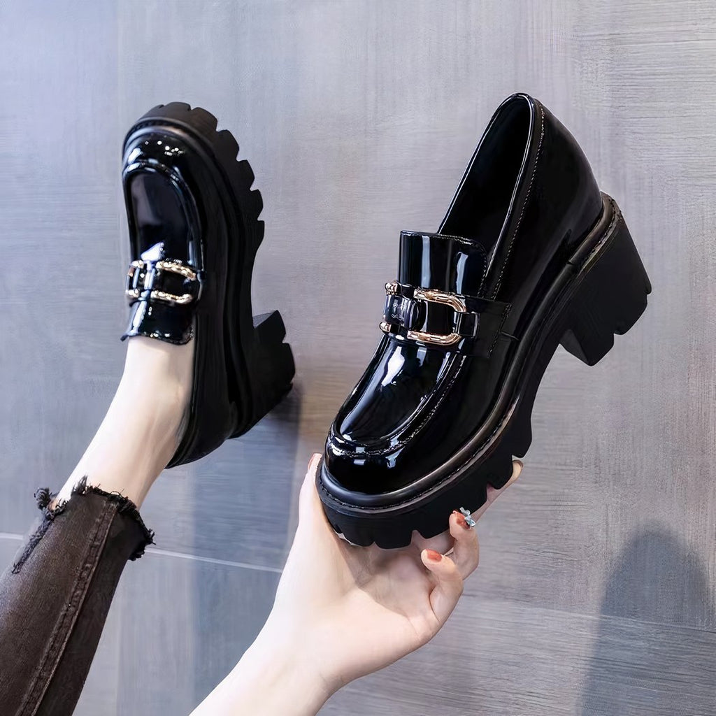 Patent loafers with heels and thick sole