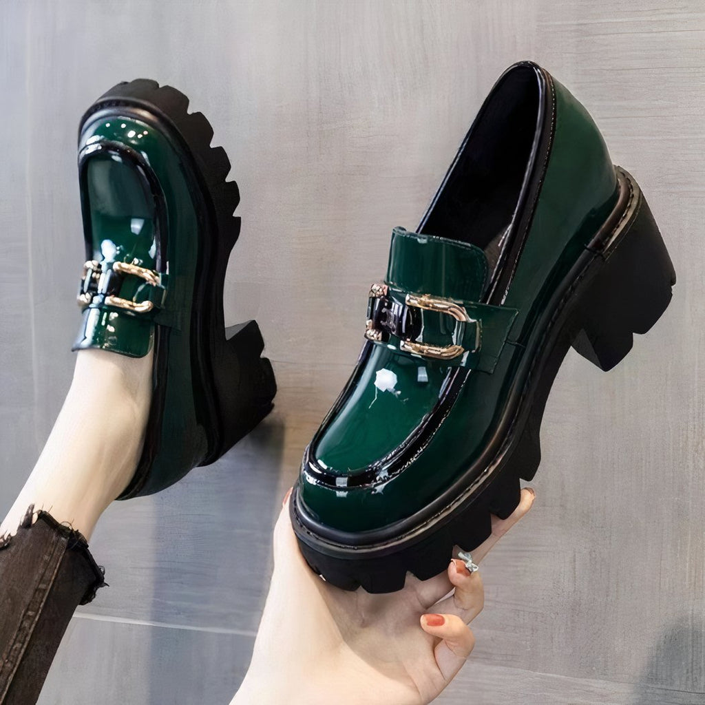 Patent loafers with heels and thick sole