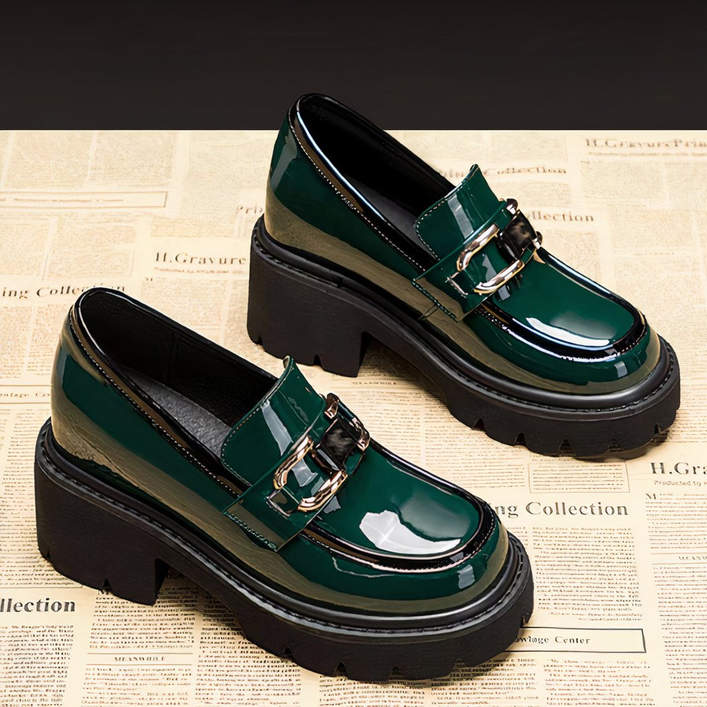 Patent loafers with heels and thick sole