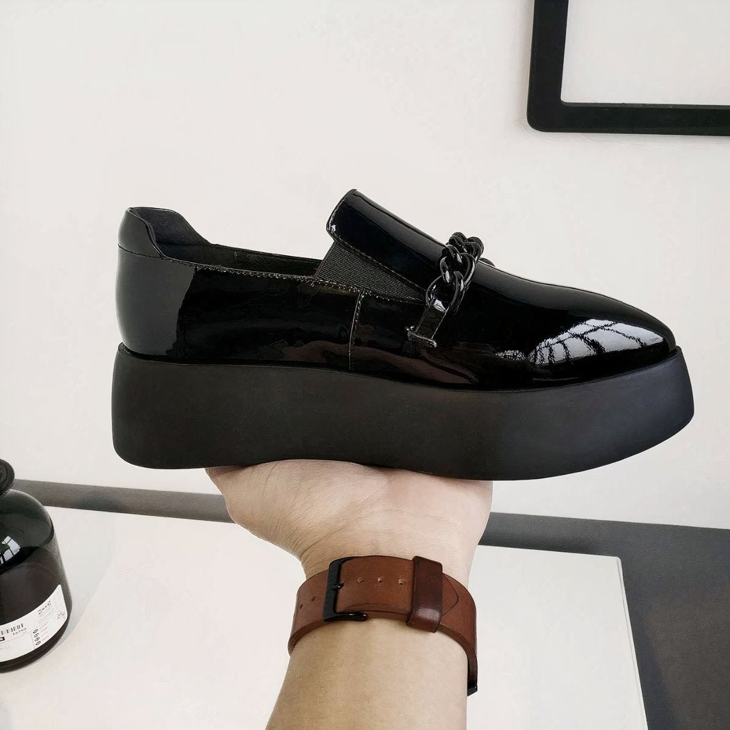 Patent platform loafers with decorative metal chain