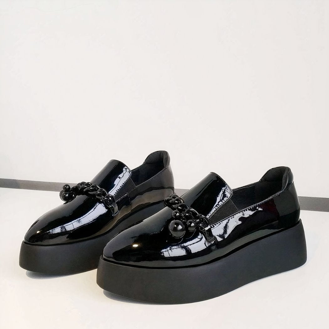 Patent platform loafers with decorative metal chain