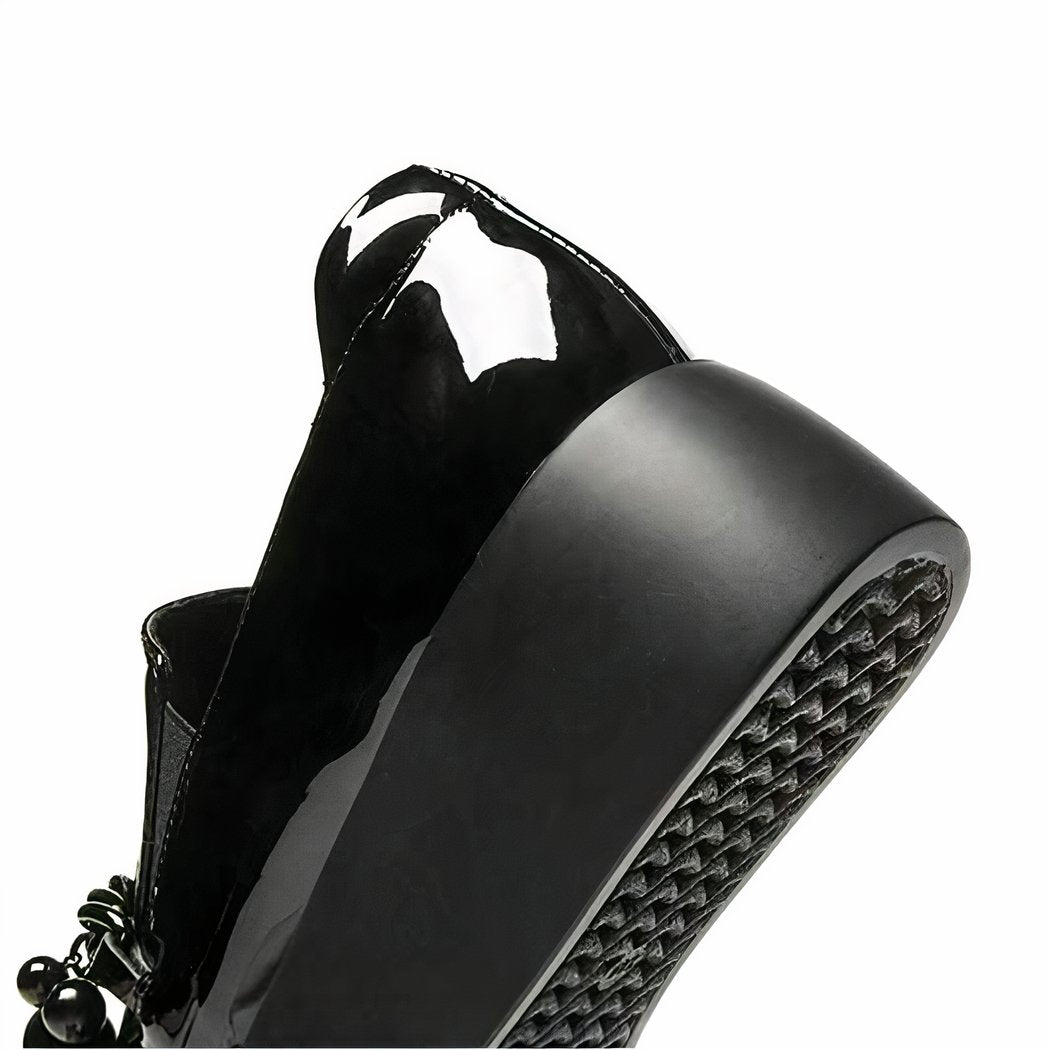 Patent platform loafers with decorative metal chain