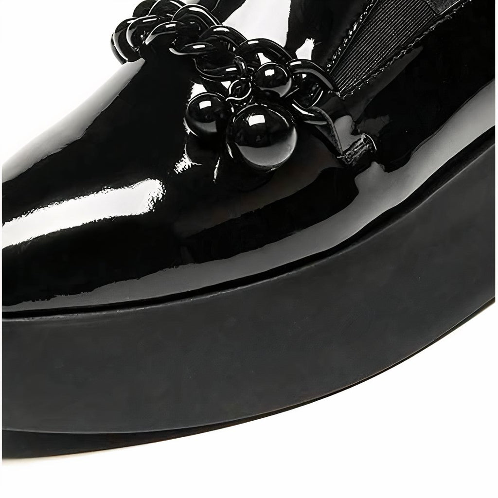 Patent platform loafers with decorative metal chain