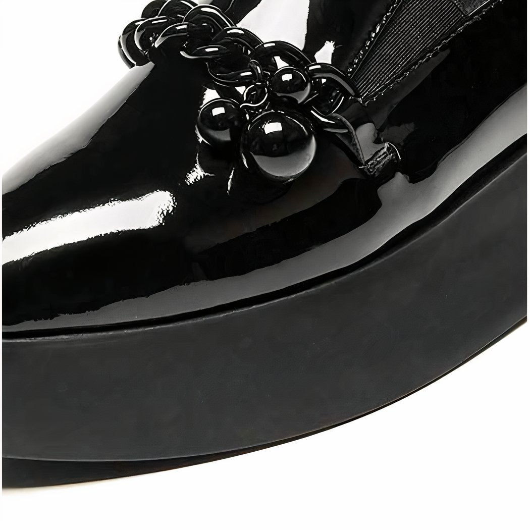 Patent platform loafers with decorative metal chain