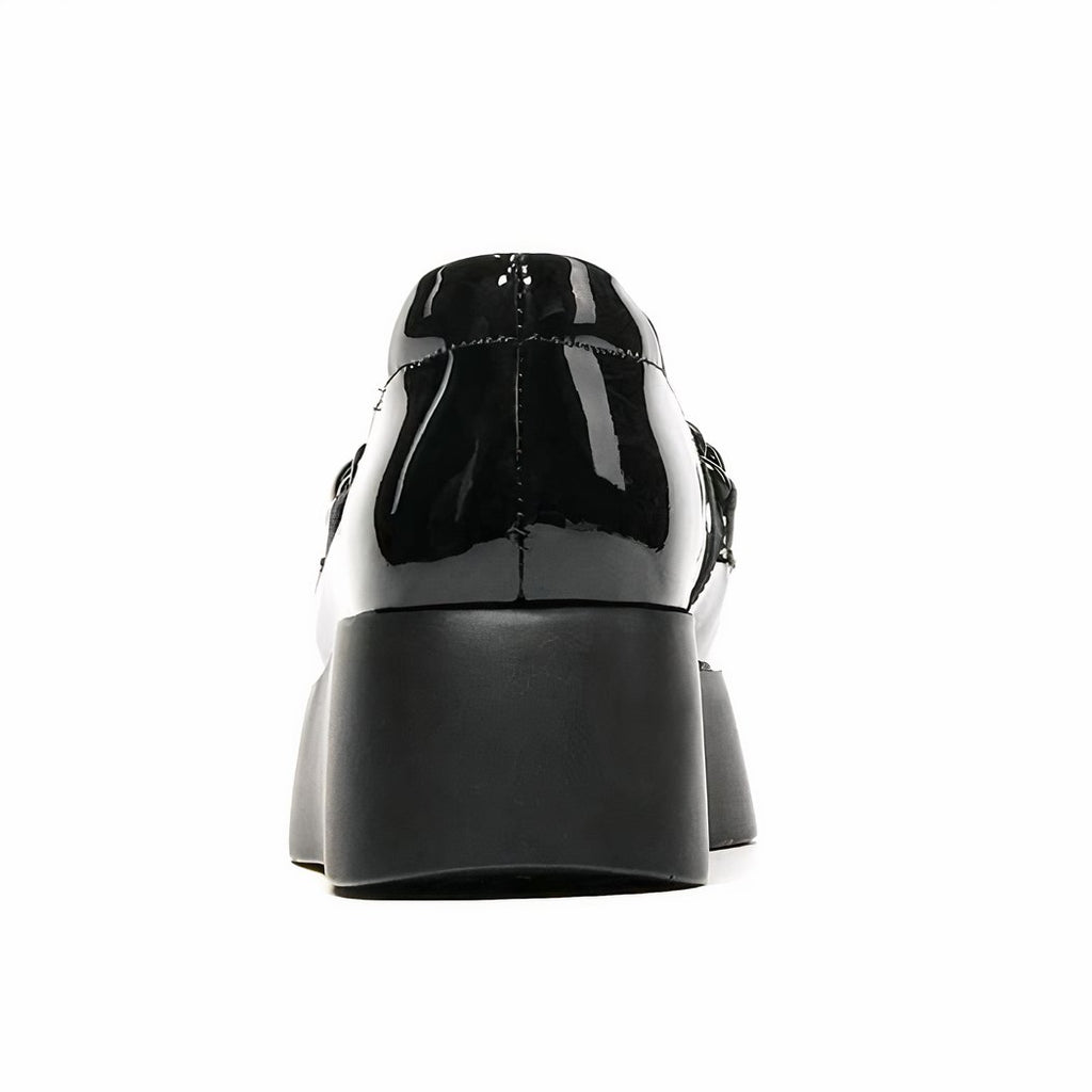 Patent platform loafers with decorative metal chain