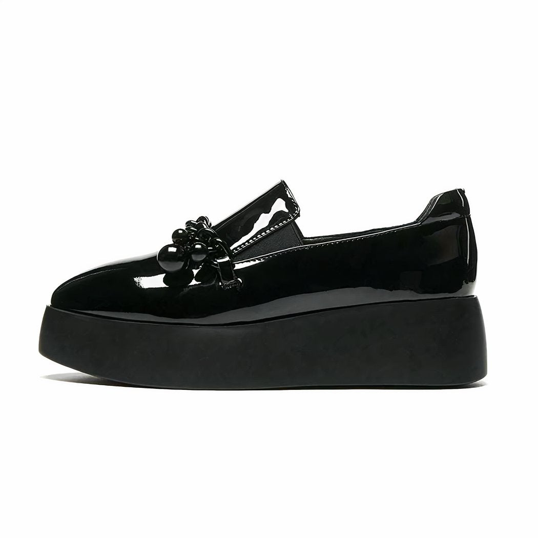 Patent platform loafers with decorative metal chain