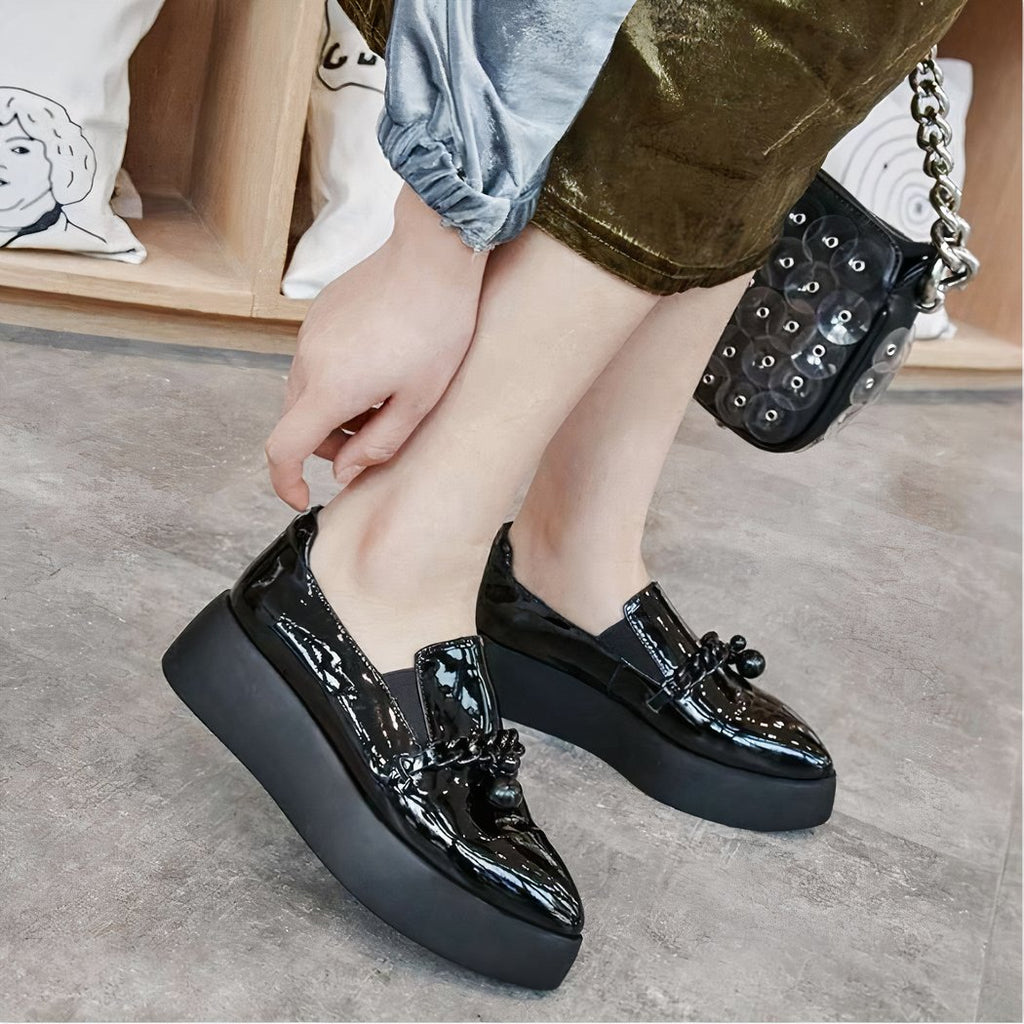 Patent platform loafers with decorative metal chain