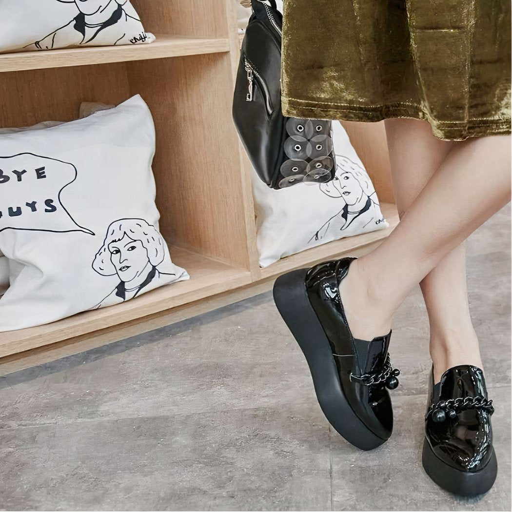 Patent platform loafers with decorative metal chain