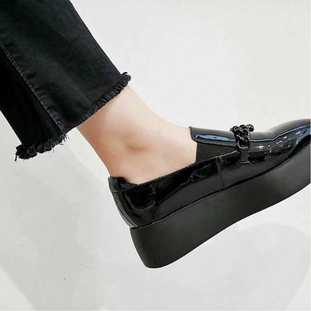 Patent platform loafers with decorative metal chain