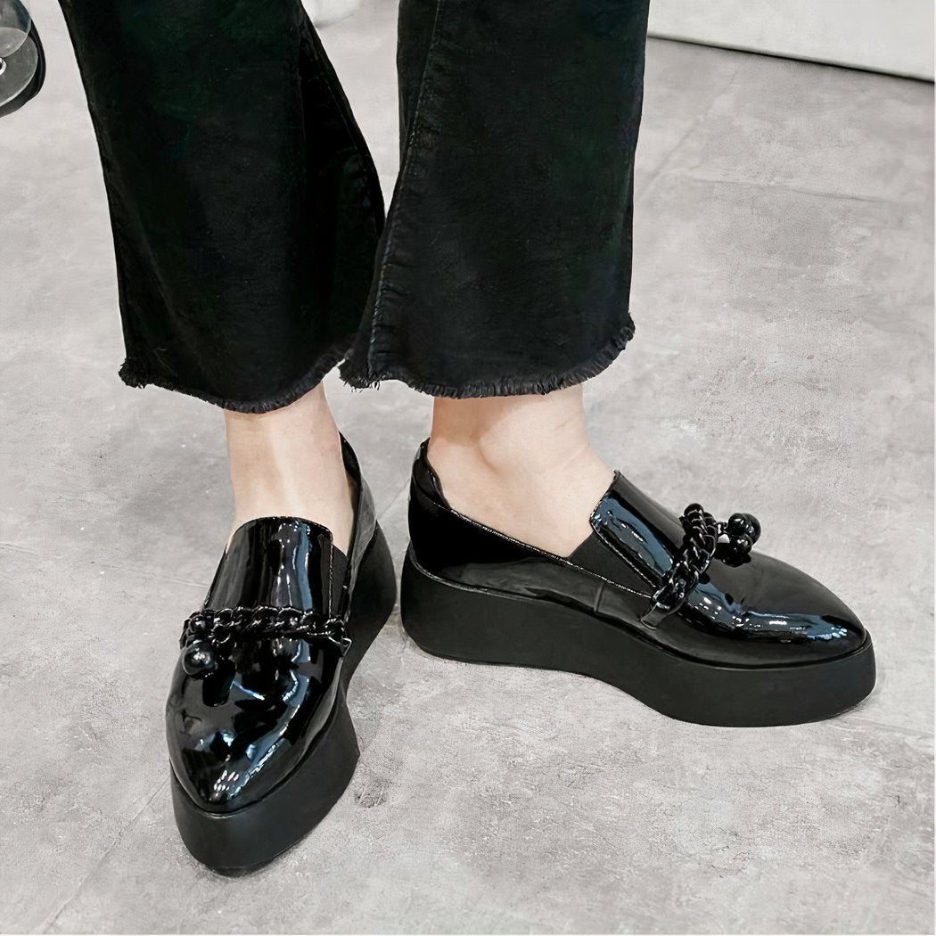 Patent platform loafers with decorative metal chain